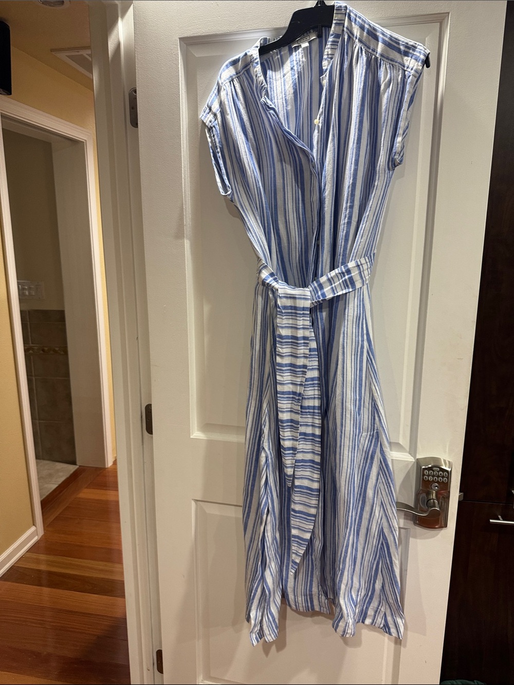 AYR Blue and White Striped Midi Shirt Dress with Waist Tie